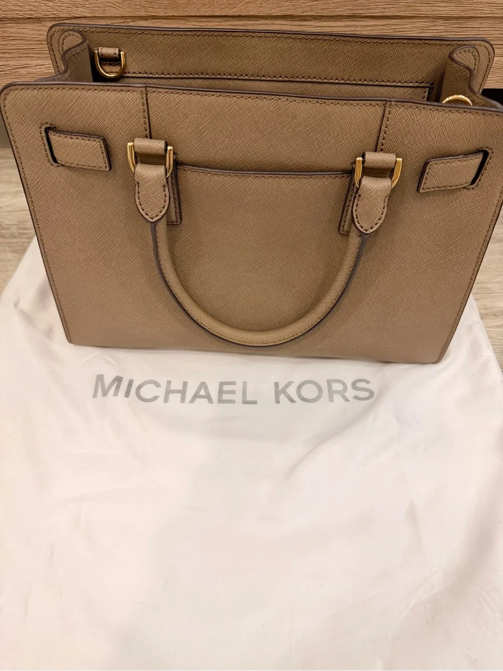 Michael Kors Taupe Saffiano Leather Satchel with Gold Hardware